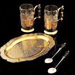 0034355/ФР Златоуст Чайный набор "Нефритовый дуэт" : поднос+2 подст + 2 ложки Нефрит  в П/У