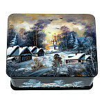 0076818 Шкатулка с художественнойт росписью ЗИМА В ДЕРЕВНЕ,перламутр 10*8*6 см