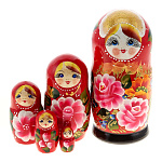 0080393 МАТРЕШКА 5мест 16см "Девушка в какошнике" (цветы,ягоды, красный фон)