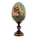 0056978/16см ЯЙЦО ПАСХАЛЬНОЕс ликом "Георгий Победоносец" на подставке 27см  (дерево, роспись)