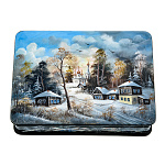 0072524 ШКАТУЛКА с художественной росписью Зима в деревне Храм перламутр15*11*3,5 см