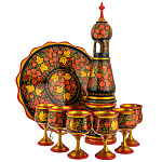 0078174 Хохлома НАБОР для ШАМПАНСКОГО КЛУБНИКА на кругл подносе: штоф+6 рюм