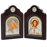 0052410/12*18см/5022360816 Икона Венч/пара " Казанская/Спаситель"шелкогр/позолота/серебр