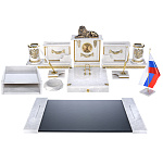 0069836 Нат.камень Письменный набор "ЛЕВ" 15пр. Ит.Мрамор белый, бронза, позол,коврик,лоток