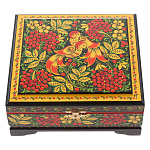 310128/17*17см  Хохлома Шкатулка "ПТИЦА.РЯБИНА" черн фон Р9  