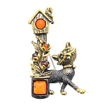 0045168/1911.4 Брошь Кот со Скворцом (коньячный)