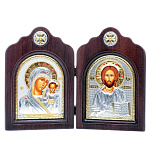 0052362/33,5*24см/5002117132 Икона Диптих "БМ Казанская/Спаситель"шелкогр/позол/серебр/стразы