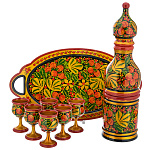 0072732 Хохлома НАБОР ВОДОЧНЫЙ на овальном подносе: штоф+6 рюмокh=10 см рюмка