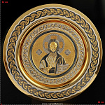 0020931/723 Златоуст ТАРЕЛКА"Иисус Христос"14см, на подставке, латунь, золото, дерево.,в П/У