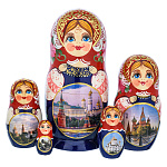 200564 МАТРЕШКА "МОСКВА. ВИД НА КРЕМЛЬ" красно-синяя 5 мест 19 см