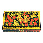 0078310 ХОХЛОМА ШКАТУЛКА "Клубника. Птичка" 18*10*4 (черный фон) Р11