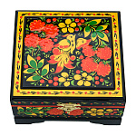 027135-120*115мм  Хохлома ШКАТУЛКА "ПТИЦА. МАЛИНА" Р18