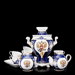 /М-8 Фарфор Сервиз с Самоваром 1,5л "Герб РФ" 6п/16пр голубой/позолото