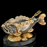 28220 Златоуст Икорница "Рыба" позолота, чернение серебра, стекло, в П/У