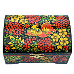 66913/14*9 Хохлома Шкатулка-сундучок "ПТИЦА. РЯБИНА" черный фон  Р3