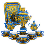 0090052 Хохлома. Самовар эл. 3 л. с сервизом на 6 персон (кудрина-голуб.)