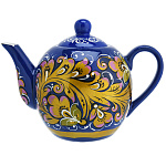 0021169 ХОХЛОМА чайник "Морозные узоры" голубой фон  (форма 7) 0,7л