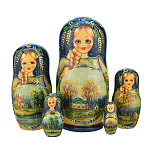 201121 Матрешка "ДЕРЕВЕНЬКА" син ,5 мест 18 см 