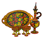 0034138  Хохлома НАБОР ВОДОЧНЫЙ на овальном подносе: штоф+6 рюмок