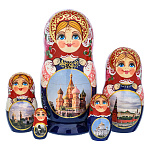 200563 МАТРЕШКА "ХРАМ ВАСИЛИЯ БЛАЖЕННОГО" красно-синяя 5 мест 19 см
