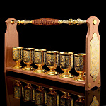 0016789 Златоуст НАБОР "ЗА РАБОТУ!"6 стопок на подставке,позолота, в ПУ 482