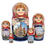 0072211 МАТРЕШКА "ХРАМ ВАСИЛИЯ БЛАЖЕННОГО" кр платок синий сарафан 5 мест 19 см