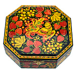 67901/17*16- черная Хохлома Шкатулка ВОСЬМИУГОЛЬН.,клубн+птица Р 30 Н 0549