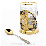 23944 Златоуст Подстаканник " Весы" с ложкой, позолота, Никель, Хрусталь, в П/У