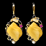 0050439/Серьги 721047 вст.янтарь/фианит/жемчуг р/п (Ag 925)