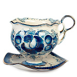 84982/Больш/зол Гжель Чайная пара "Ландыш" в золоте 9*9,5см Авт. Алехин С.С.