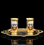 0022777 Златоуст НАБОР "Герб" Поднос+2 рюмки, Эмаль, позолота П/У