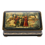 0073219-15*10см  Лаковая миниатюра Палех ШКАТУЛКА "ГАРМОНИСТ" Белова