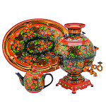 0076537 Самовар Тульский электрический "КЛУБНИКА"с бел, двойной фон 5л.  3 предм. 