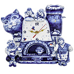 0069555 Гжель Часы настольные "КОТ ПЕЧКА. СЕМЬЯ" 28*25 Авт.Черновы Л.и В