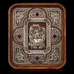 /12,5*14,5см Юв. Миниатюра Икона на дереве "СВЯТАЯ ТРОИЦА (Ветхозаветная)" Бронза, Гранат