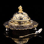 Икорница ажурная с позолотой и эмалью "Рыбки". Златоуст