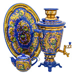 0078056 Самовар электрический "КУДРИНА" на синем 4 л рюмка, кругл поднос