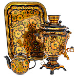 0069871-ЖЕЛУДЬ Самовар Тульский электрический "КУДРИНА ЗОЛОТАЯ" 3л. в наборе 3 предм. 