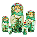 0072544 Сувенир МАТРЕШКА РУССКАЯ КРАСАВИЦА зеленая 5 мест 18 см