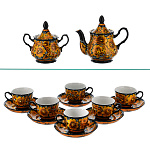 24614  Хохлома Фарфор Сервиз Чайный на 6 перс. (14 пр.) кудрина золотая