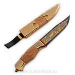  Оружие сувенирное НОЖ подарочный туристический золоченый дамаск, с резн. ручкой