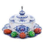 0063498 Гжель ПОДСТАВКА ПАСХАЛЬНАЯ  ПОД 12 яиц с крышкой d 31 см В ЗОЛОТЕ