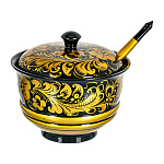 100437 Хохлома Сахарница Кудрина ЦАРСКАЯ на черном11*12см с ложкой (в/кат) 64090000002