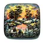 202176 Шкатулка с росписью "Зима в деревне",9*8*3 см