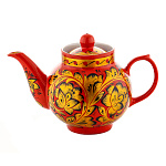 0080285 ХОХЛОМА чайник "Золотая кудрина" красный фон (форма 3) 0,5