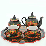 0011579 Хохлома Сервиз чайный на 4 персоны "Рябинка"( 4ч/пары, сах, чайник) КРАСНЫЙ ФОН
