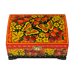 Шкатулка-сундучок "Бабочки и клубника". Хохлома