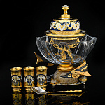 100265 Златоуст НАБОР: Икорница "Посейдон"ложка + 3 стопки,позолота,кварц, хруст.