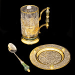 0034356/П Златоуст НАБОР ЧАЙНЫЙ "Нефритовый ":блюдце+подст + лож Нефрит  в П/У (6876)