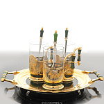 0020608 Златоуст Чайный набор "Нефритовый": Поднос+3 подстаканника с лож. позолота, в П/У